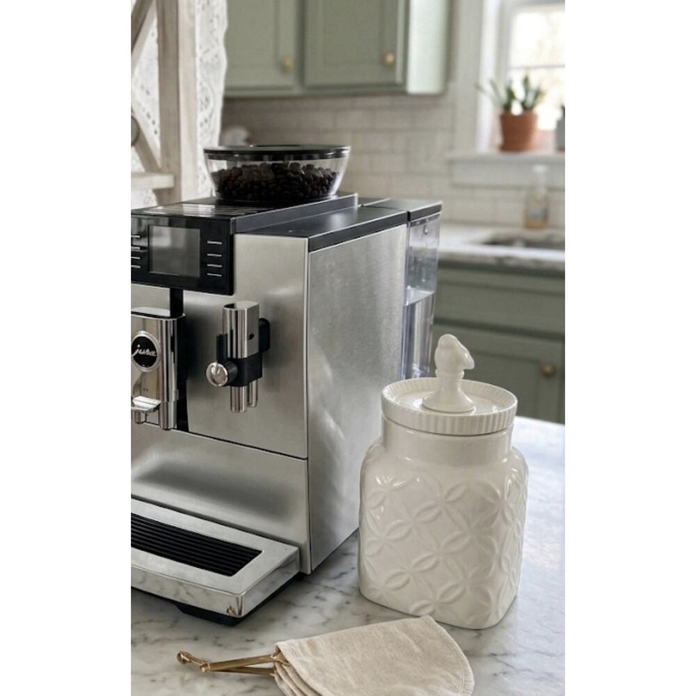 White Ceramic Square Jar with Bird Handle Lid, Geometric Pattern Kitchen Storage